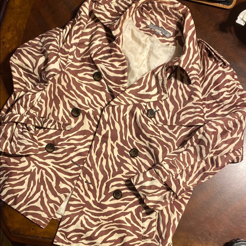 Anne Klein Zebra-Print Double-Breasted Trench Coat in Cream & Brown
